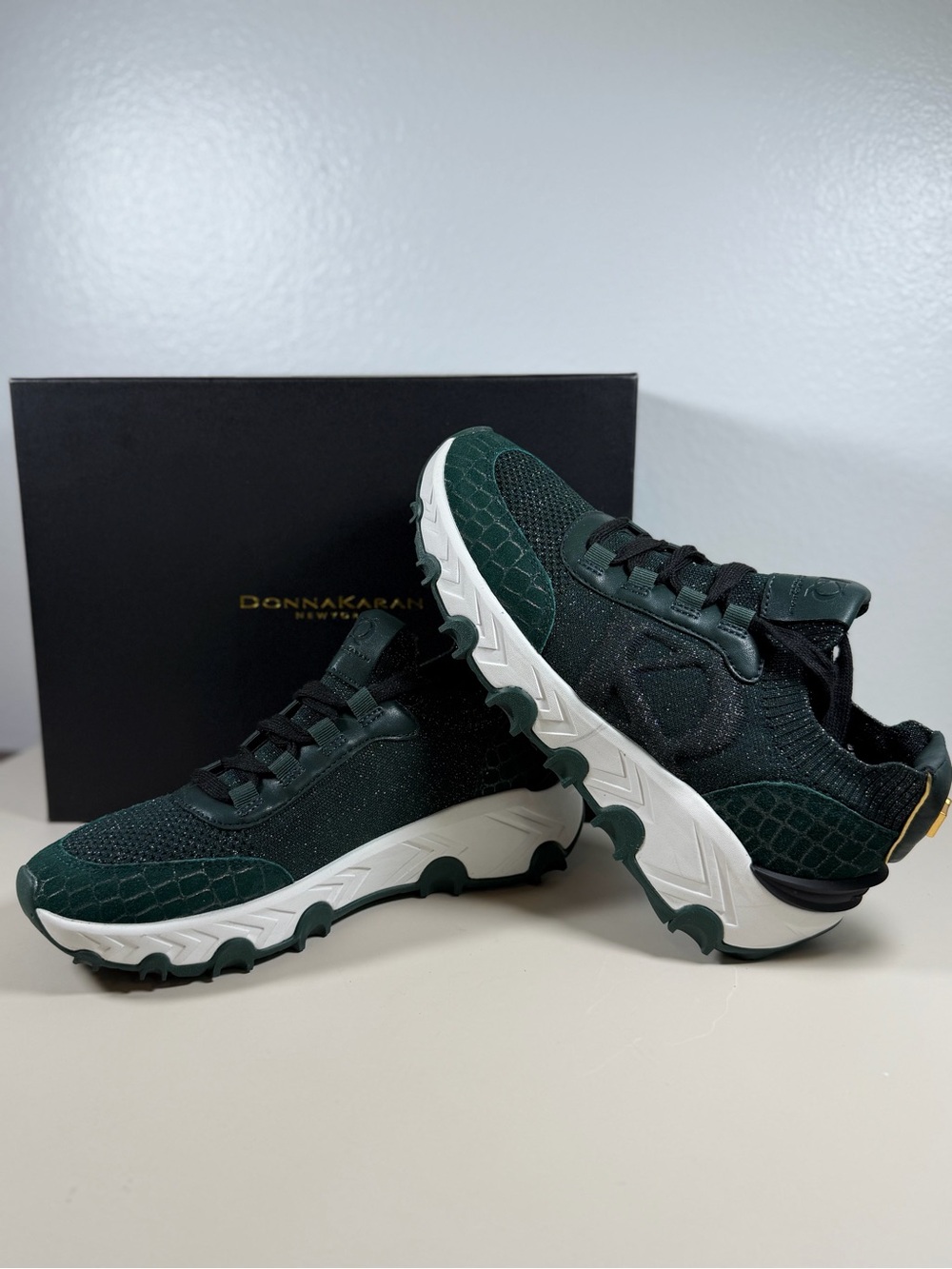 Donna Karan Forest Green Knit & Textured Trail Sneakers